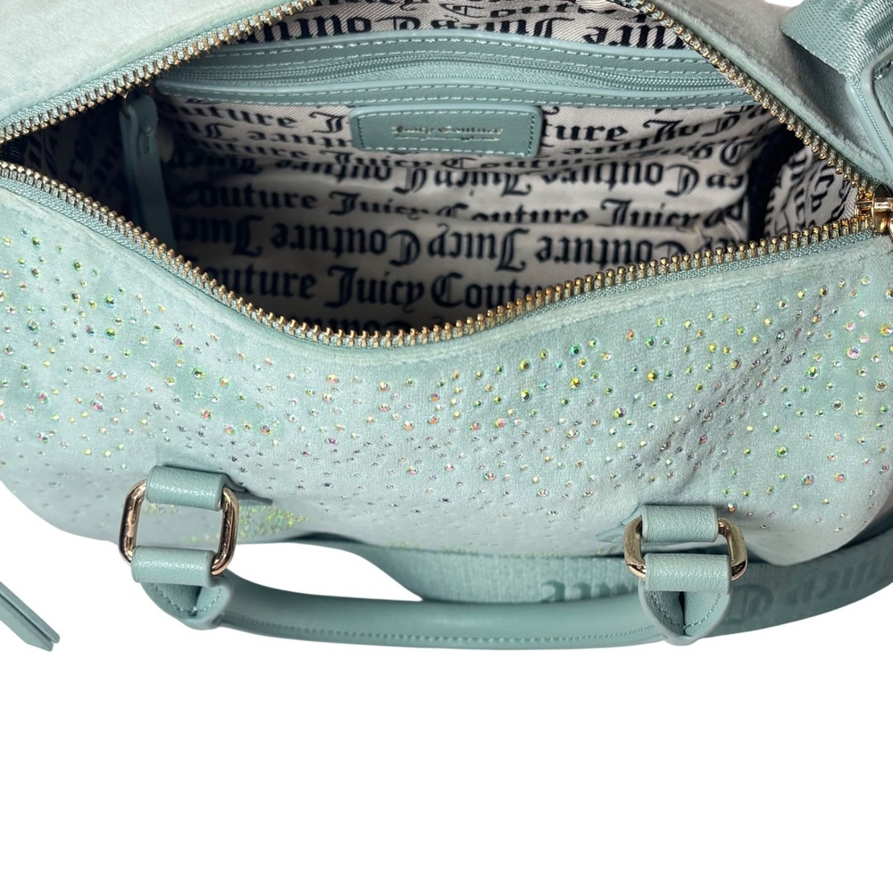 Juicy Couture Crossbody Satchel Bag Y2K Mint Green Blue Rhinestone Velour - Picture 7 of 14